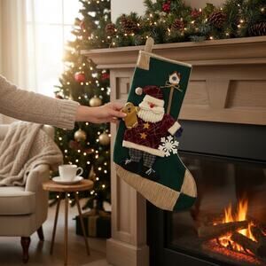 Christmas Stocking Santa Gingerbread Man Green Felt Appliqué Holiday Decor